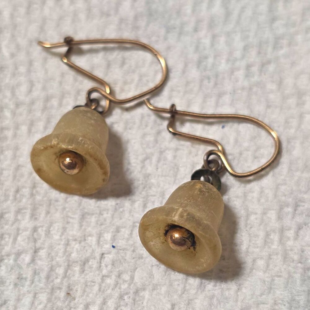 Vintage Beige Glass Bell Dangle Drop Earrings Gold Tone Hook Pierced 1" Dainty